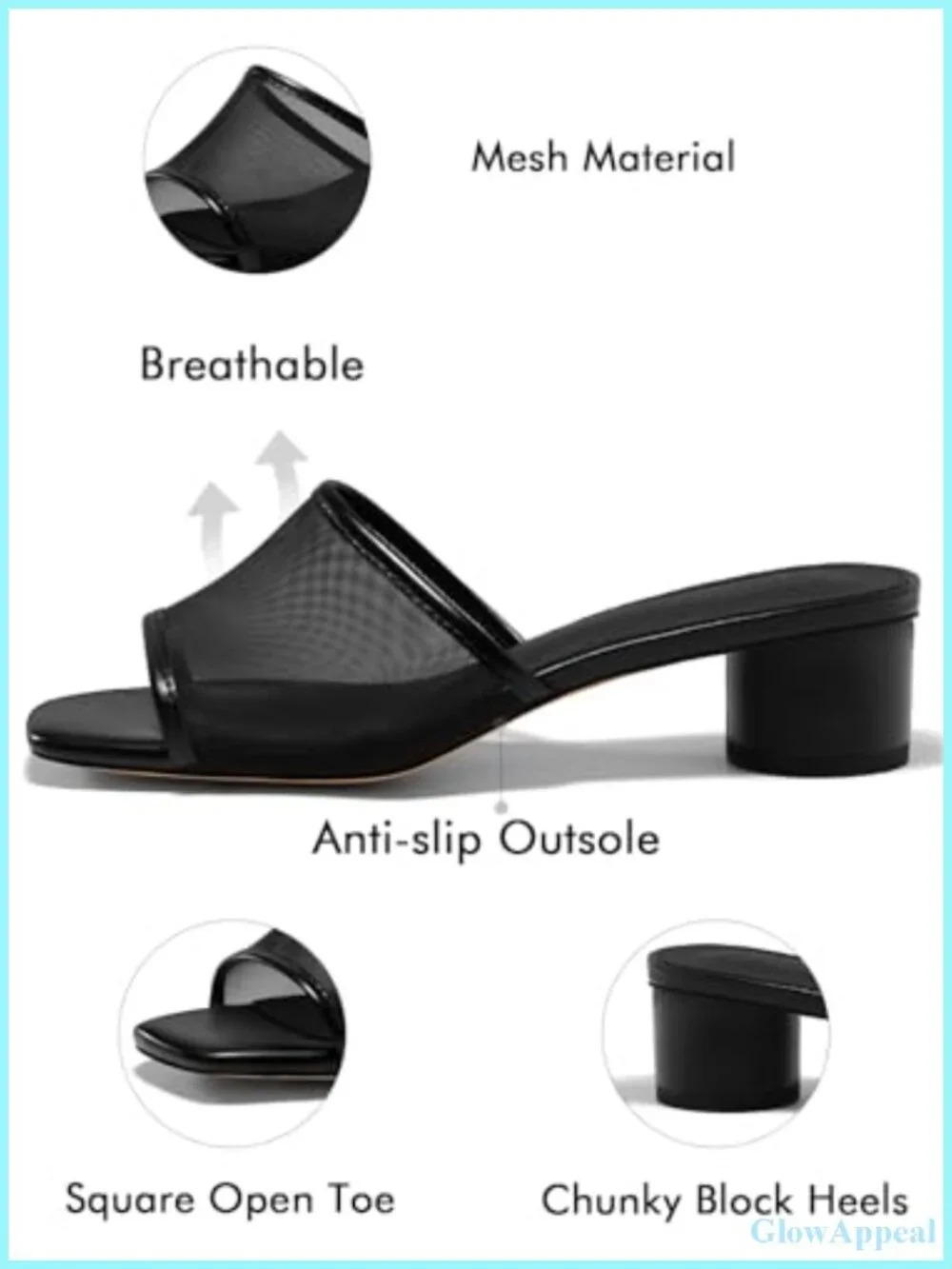 Women's Square Open Toe Chunky Heel Slide Sandals Mesh Slip On Mules